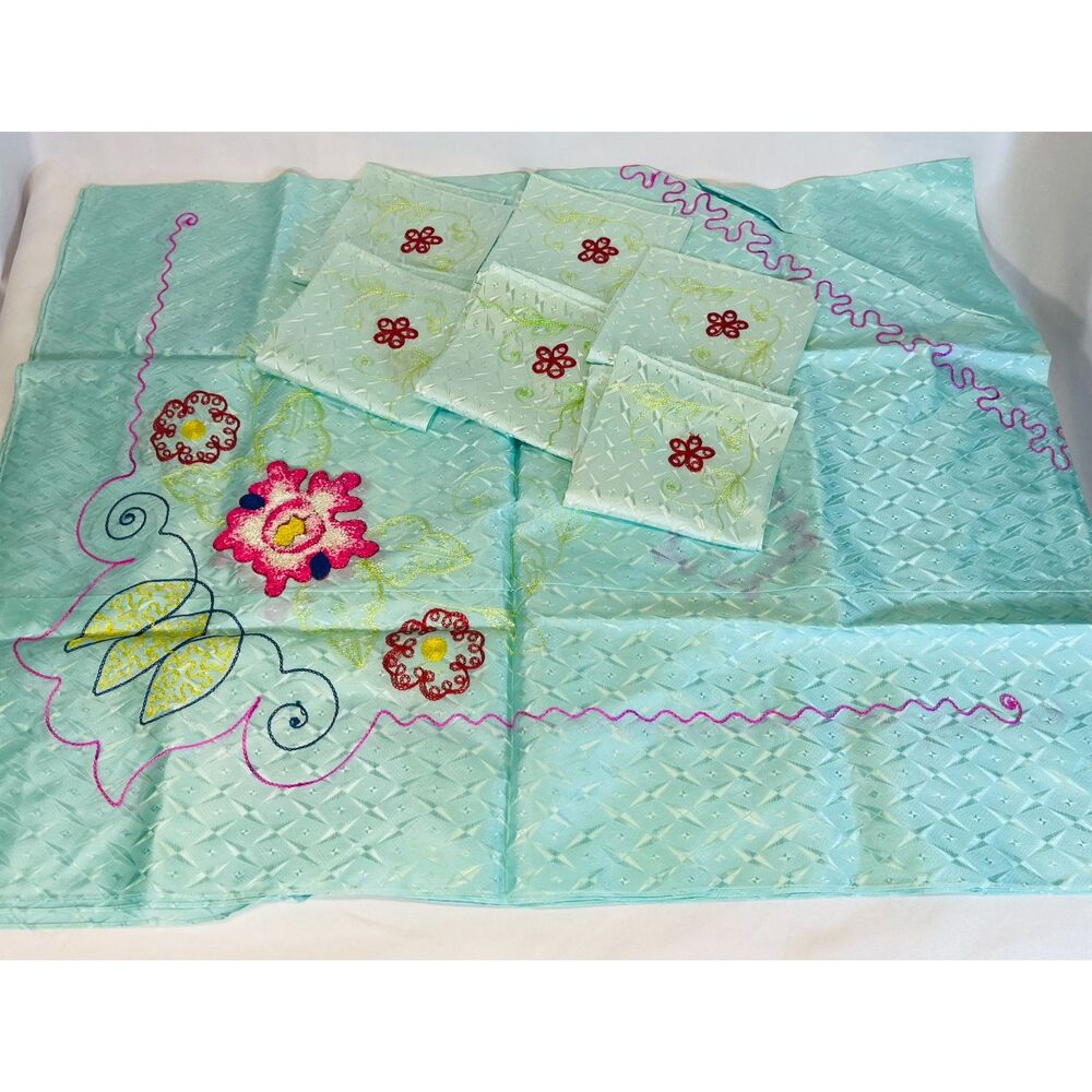WWII Japanese Rayon Tablecloth Napkin Set Embroidered
